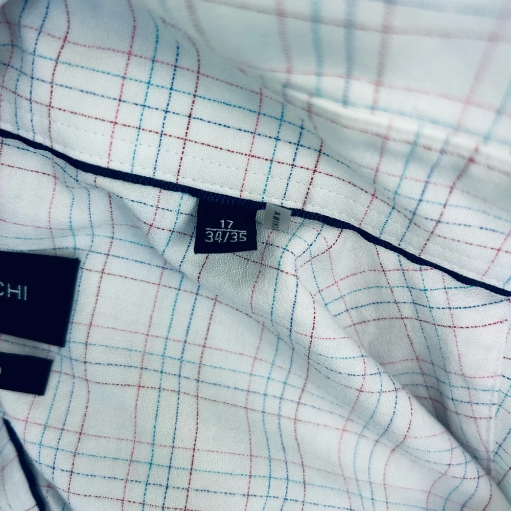 Bugatchi Button-Down Size 17 34/35 White Blue Pink Check Stretch LS (B9-1052)